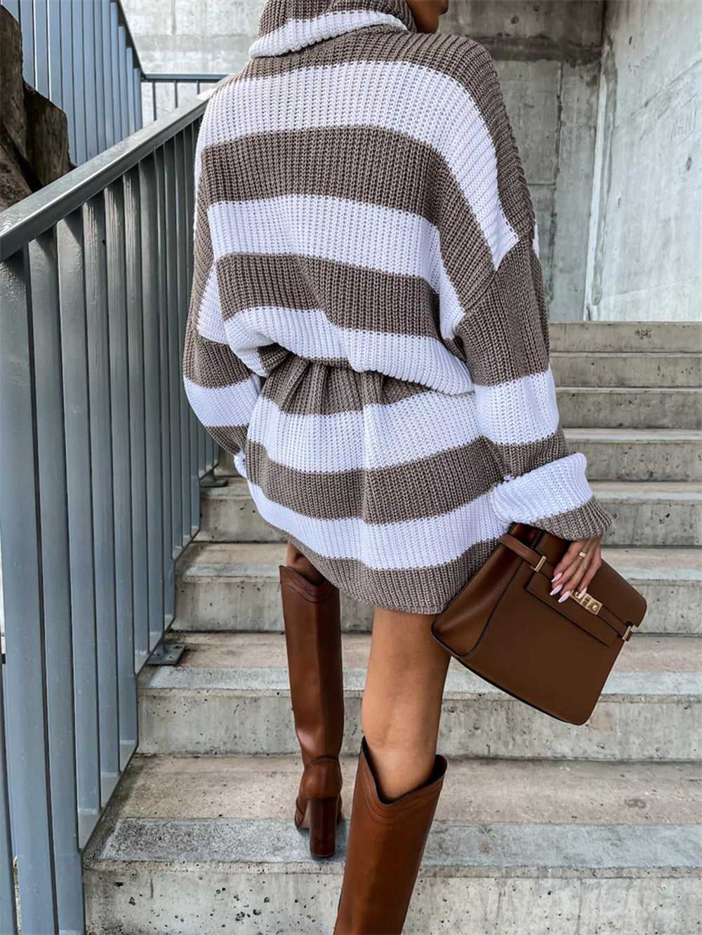 Two-Tone Striped Roll Neck Jumper Dress