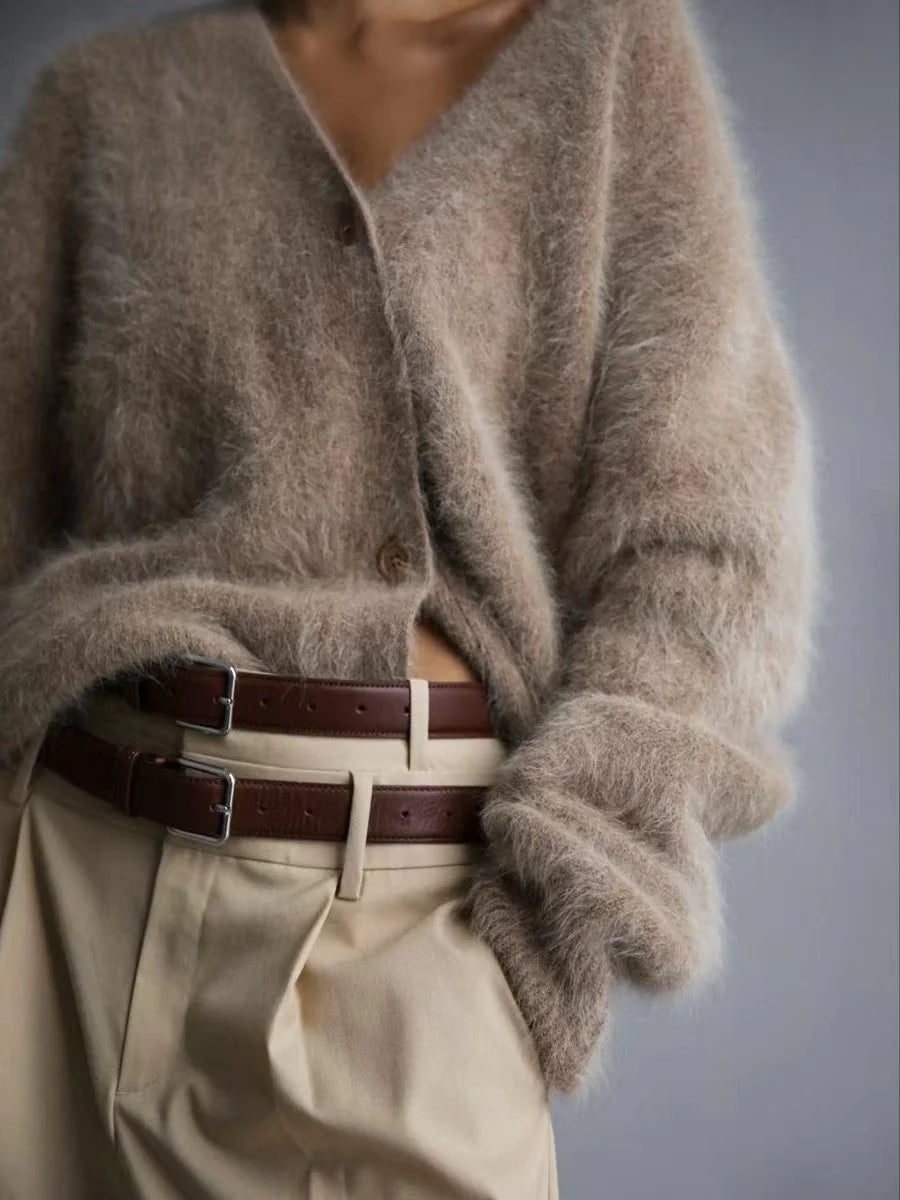 V-Neck Plain Fluffy Oversized Cardigan