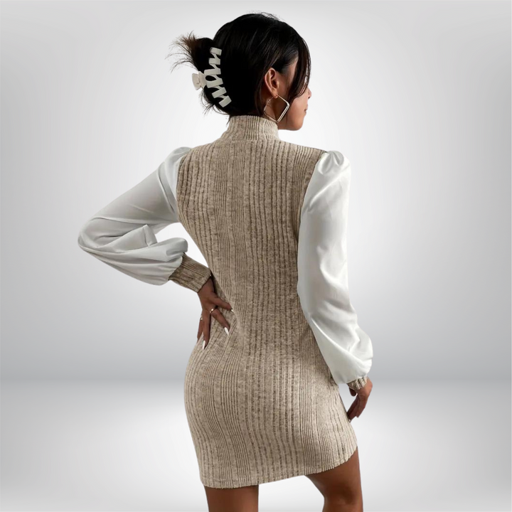 Women's Ribbed Knit Mini Dress with Stand Collar and Long Bishop Sleeves