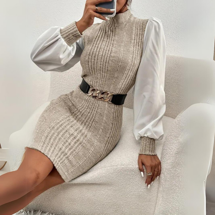 Women's Ribbed Knit Mini Dress with Stand Collar and Long Bishop Sleeves