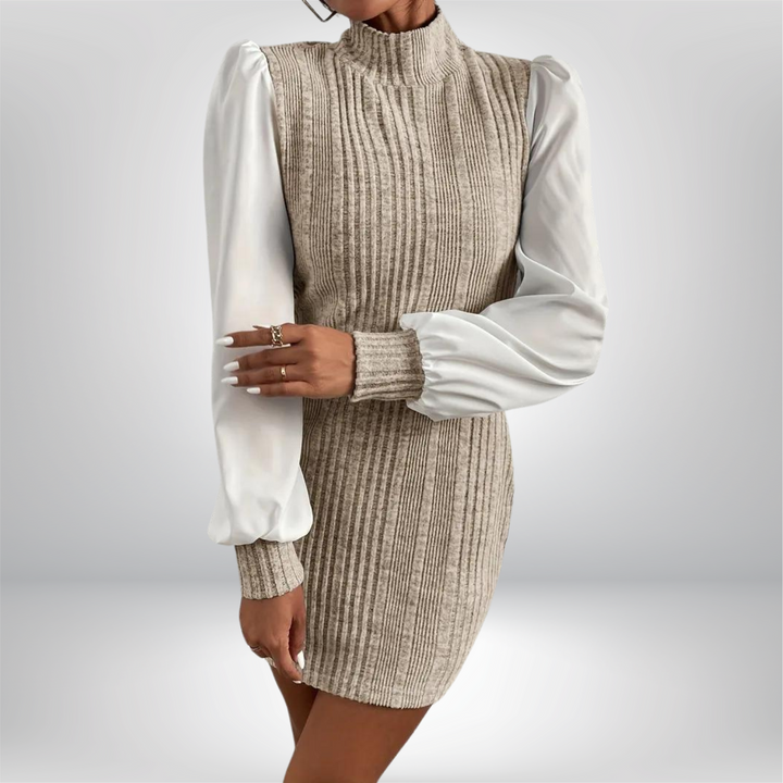 Women's Ribbed Knit Mini Dress with Stand Collar and Long Bishop Sleeves